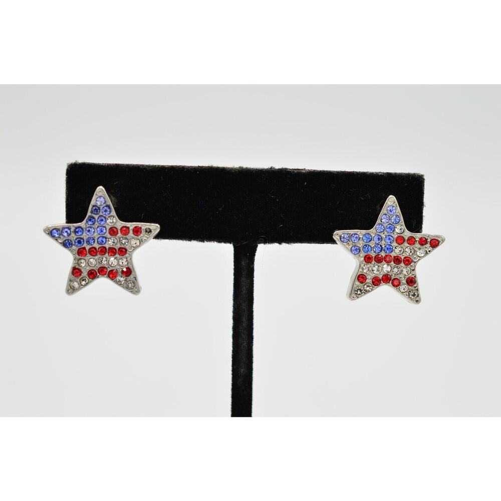 Vintage American Flag Earrings Rhinestone Crystal Star USA Red Blue White BinU